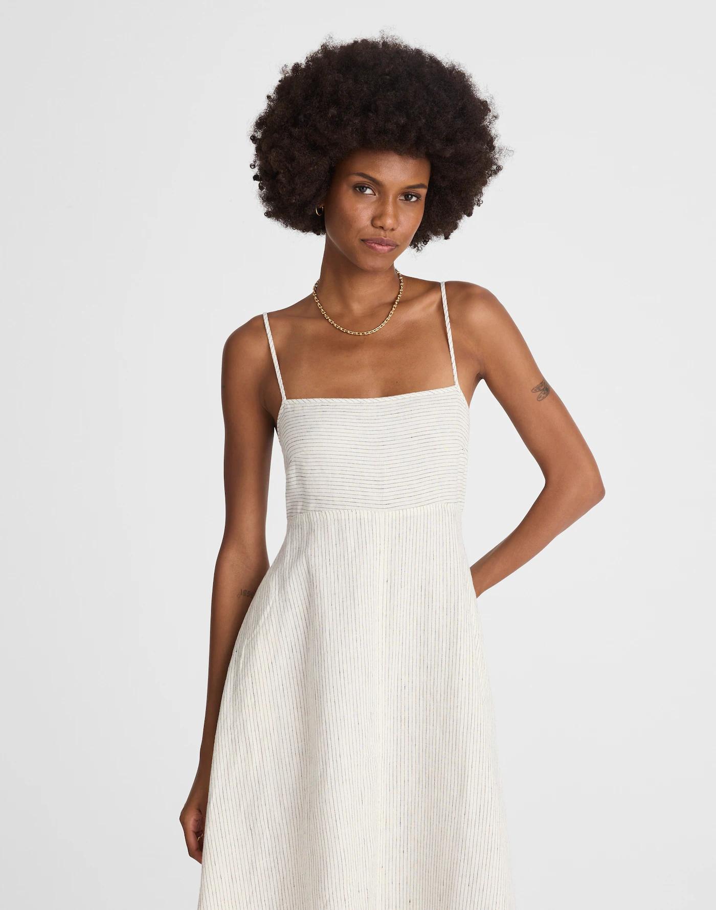 Striped Empire-Waist Midi Dress in 100% Linen Product Image