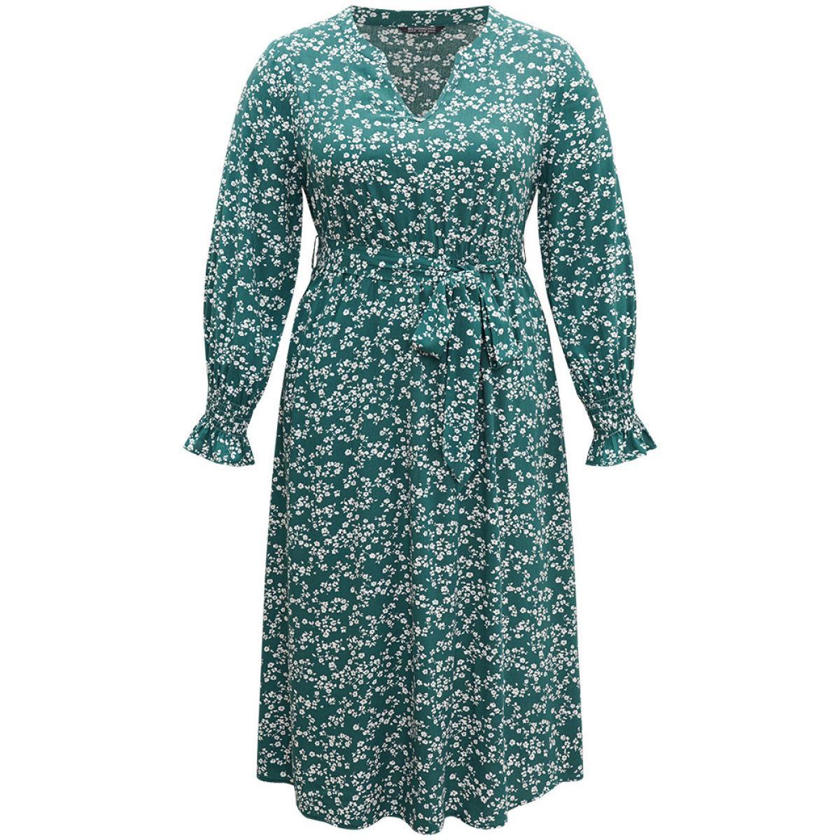 Plus Size Ditsy Floral Shirred Belted Notched Dress DarkGreen Women Elegant Belted Notched collar Long Sleeve Curvy Midi Dress BloomChic 26/4X Product Image