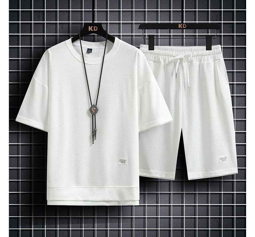Set: Short-Sleeve Crew Neck T-Shirt + Drawstring-Waist Loose Fit Shorts Product Image
