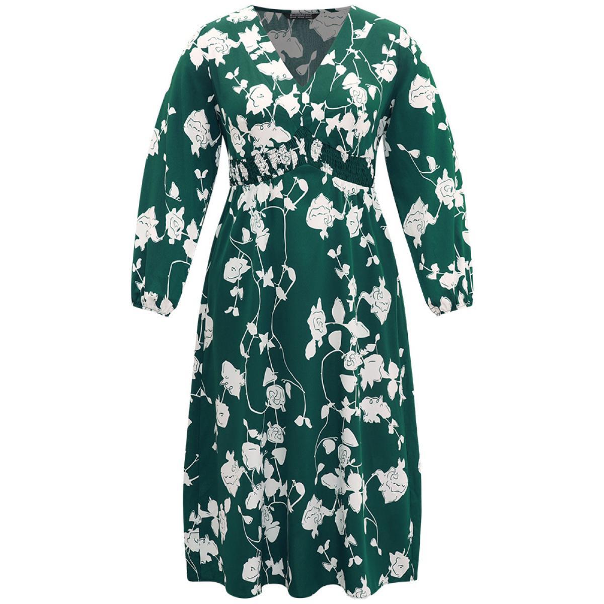 Plus Size Silhouette Floral Print Shirred Elastic Cuffs Dress DarkGreen Women Elegant Elastic cuffs V-neck Long Sleeve Curvy Midi Dress BloomChic 28/5X Product Image