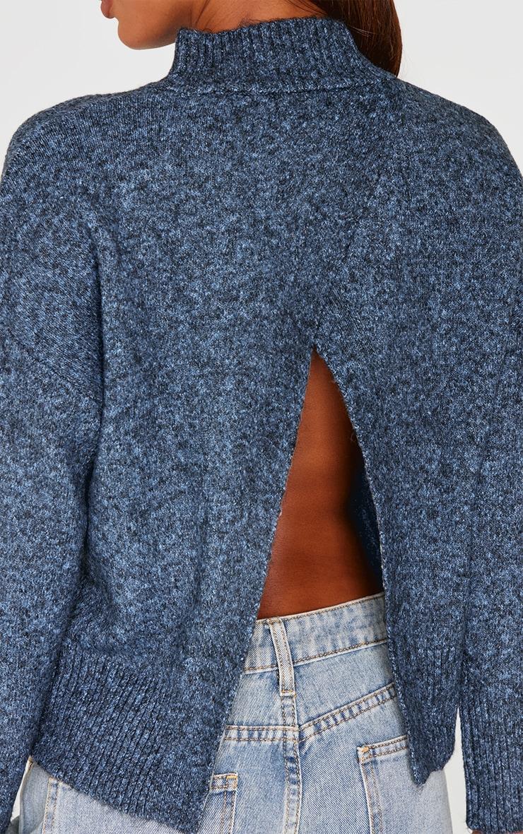  Charcoal Blue Luxe Knit High Neck Open Back Sweater Product Image