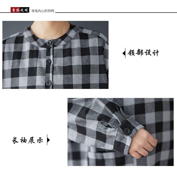 Long Sleeve Collared Gingham Midi A-Line Dress Product Image