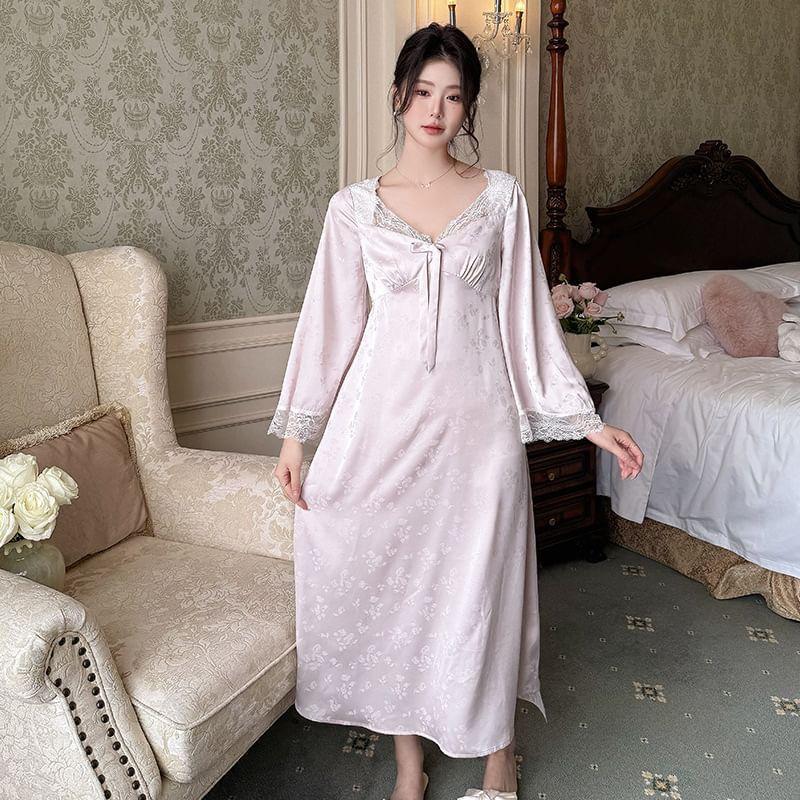 Long Sleeve V-Neck Bow Lace Panel Jacquard Satin Pajama Dress Product Image