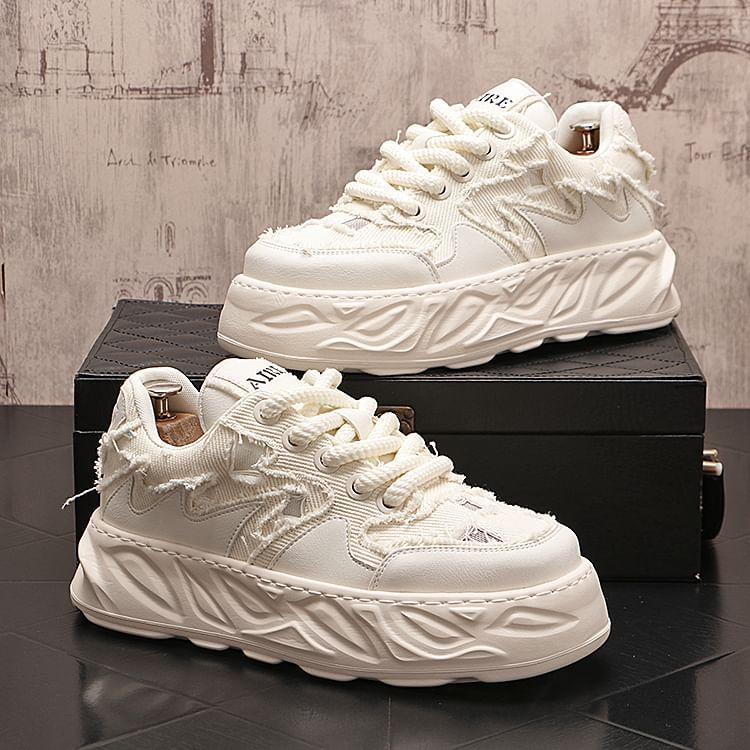 Patchwork Distressed Lace-Up Platform Sneakers Product Image
