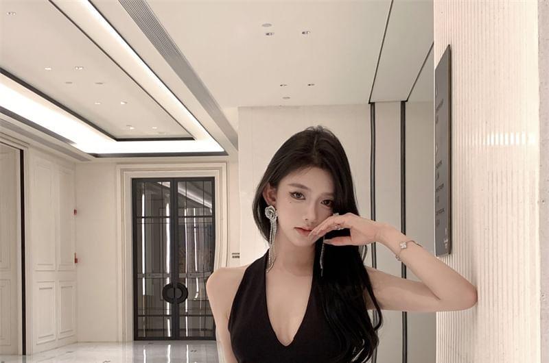 Halter Plain Side-Slit Maxi Sheath Dress Product Image