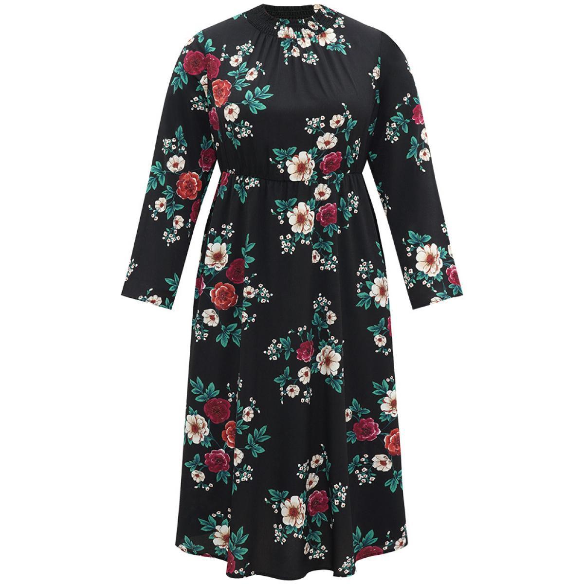 Plus Size Floral Print Shirred Mock Neck Dress Black Women Elegant Printed Mock Neck Long Sleeve Curvy Midi Dress BloomChic 22-24/3X Product Image
