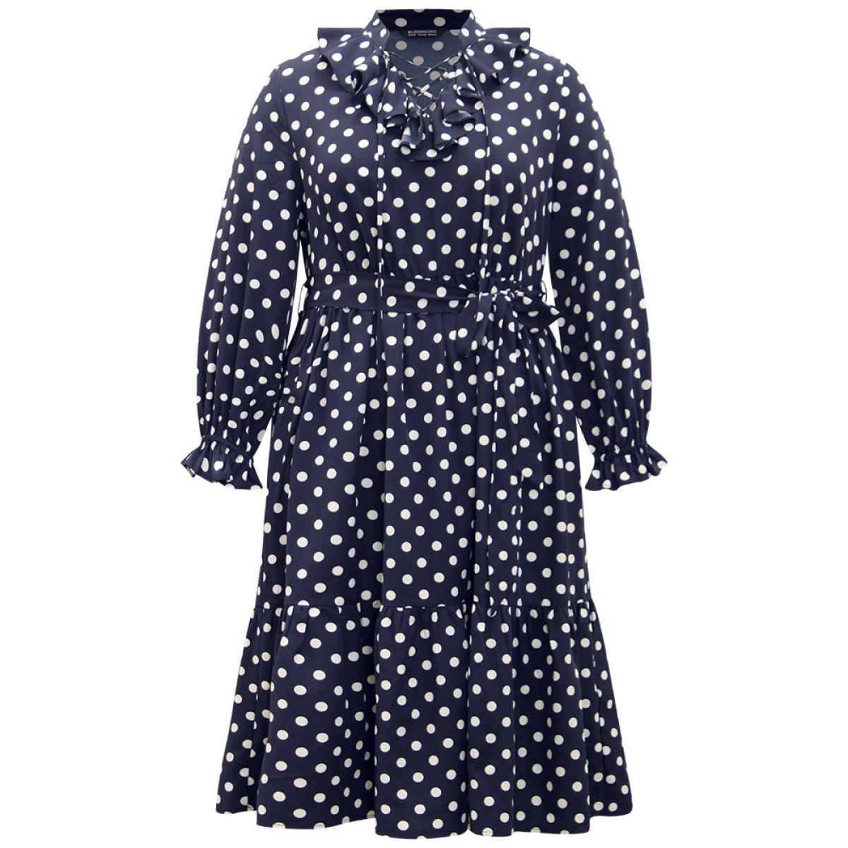 Plus Size Polka Dot Ruffle Trim Belted Lace Up Dress Indigo Women Office Belted Tie Neck Long Sleeve Curvy Midi Dress BloomChic 18-20/2X Product Image