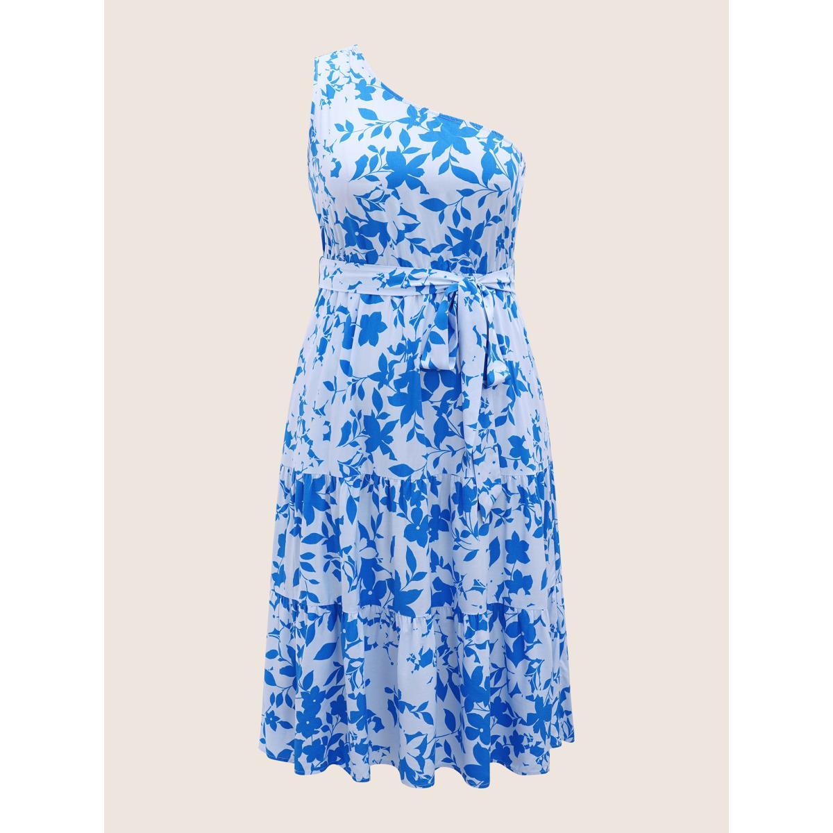 Plus Size Silhouette Floral Print One Shoulder Belted Dress Blue Women Elegant Belted Asymmetrical Neck Long Sleeve Curvy Midi Dress BloomChic 22-24/3X Product Image