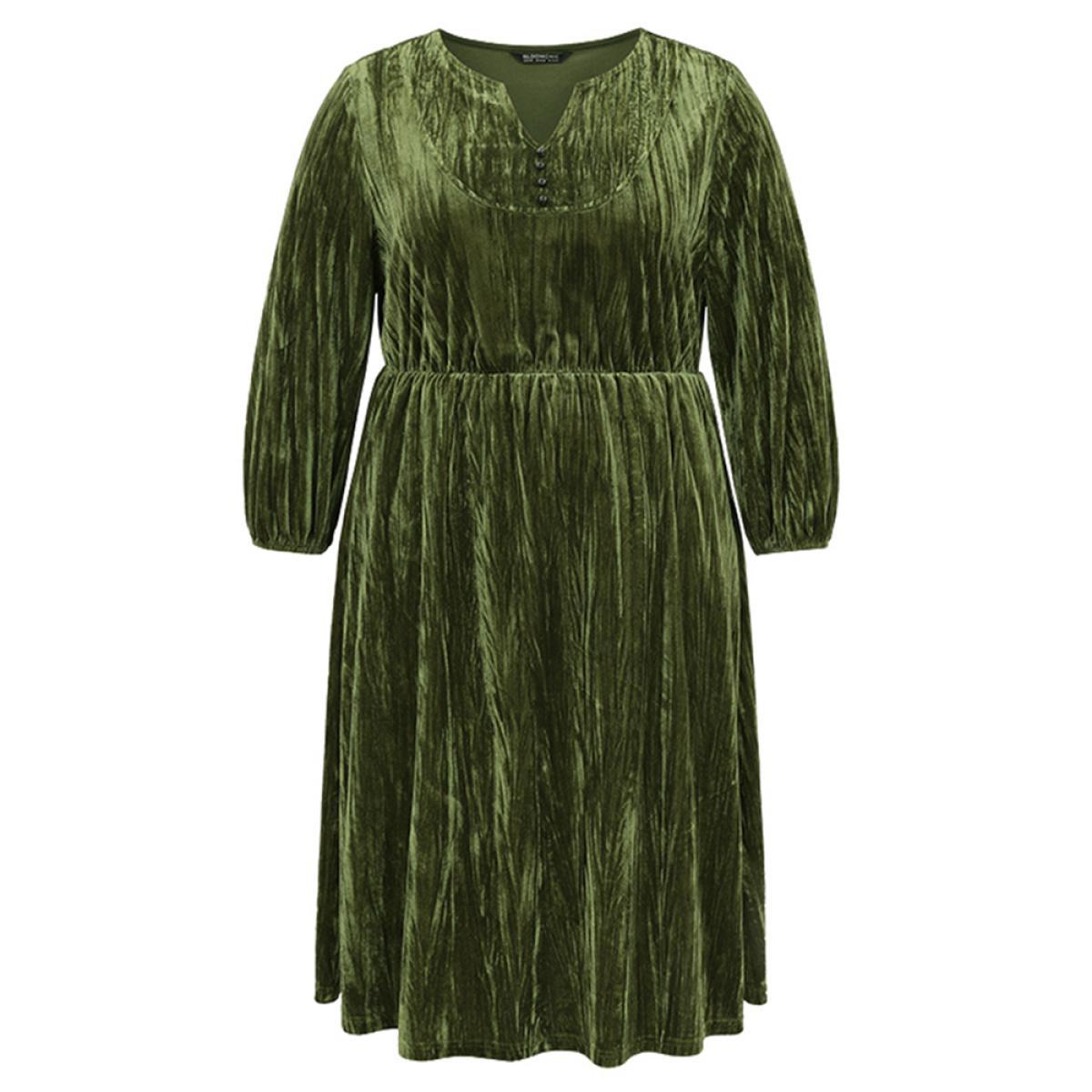 Plus Size Velvet Button Detail Notched Elastic Waist Dress ArmyGreen Women Elegant Velvet Notched collar Long Sleeve Curvy Midi Dress BloomChic 26/4X Product Image