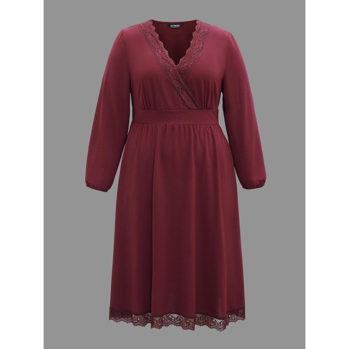 Plus Size Lace Detail Surplice Neckline Midi Dress Burgundy Women Elegant Woven ribbon&lace trim Overlap Collar Long Sleeve Curvy BloomChic 30/6X Product Image