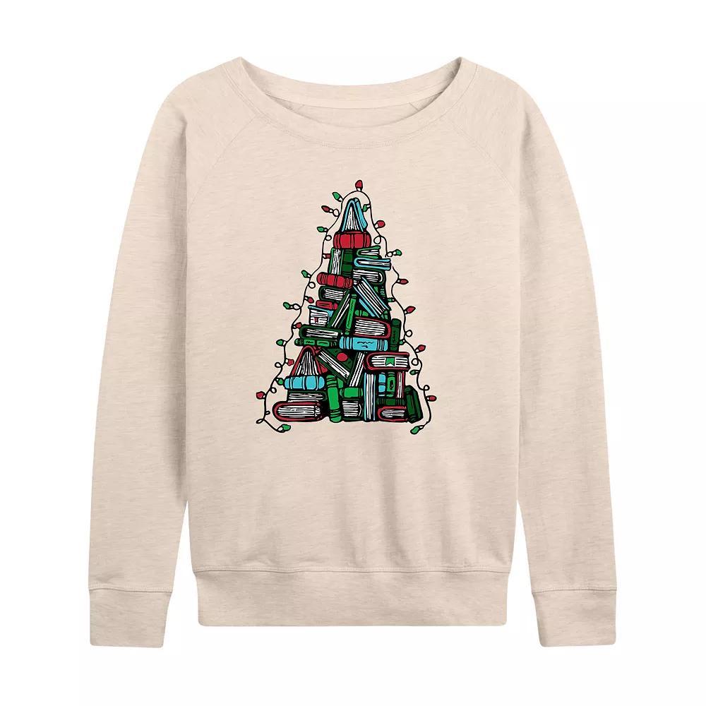 Women's Book Christmas Tree Lights French Terry Long Sleeve Tee, Size: Small, Beige Product Image