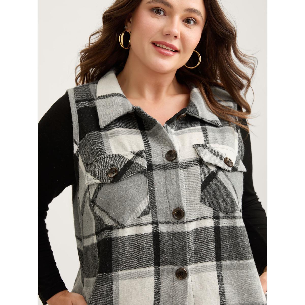 Plus Size Plaid Flap Detail Sleeveless Jacket Women Black Button Side seam pocket Everyday Jackets BloomChic 28/5X Product Image