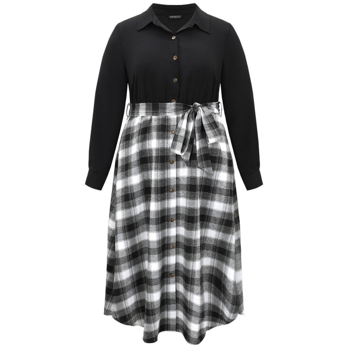 Plus Size Plaid Patchwork Button Through Belted Dress Black Women Office Belted Shirt collar Long Sleeve Curvy Midi Dress BloomChic 18-20/2X Product Image