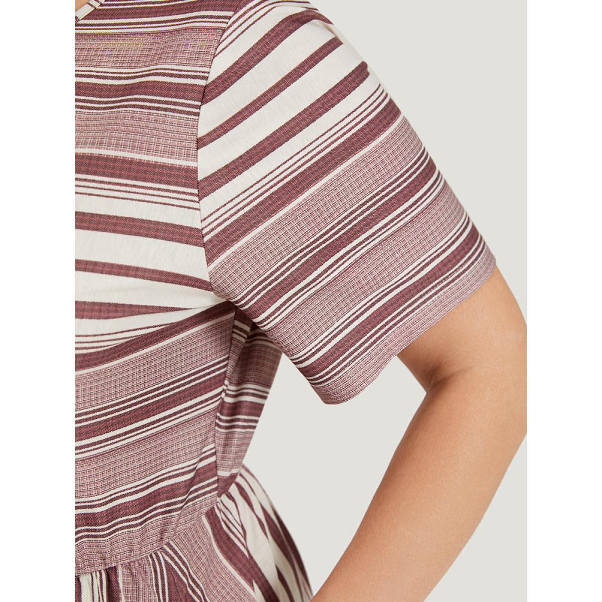 Plus Size Striped Pocket Elastic Waist Keyhole Dress Burgundy Women Casual Cut-Out Round Neck Short sleeve Curvy Midi Dress BloomChic 22-24/3X Product Image