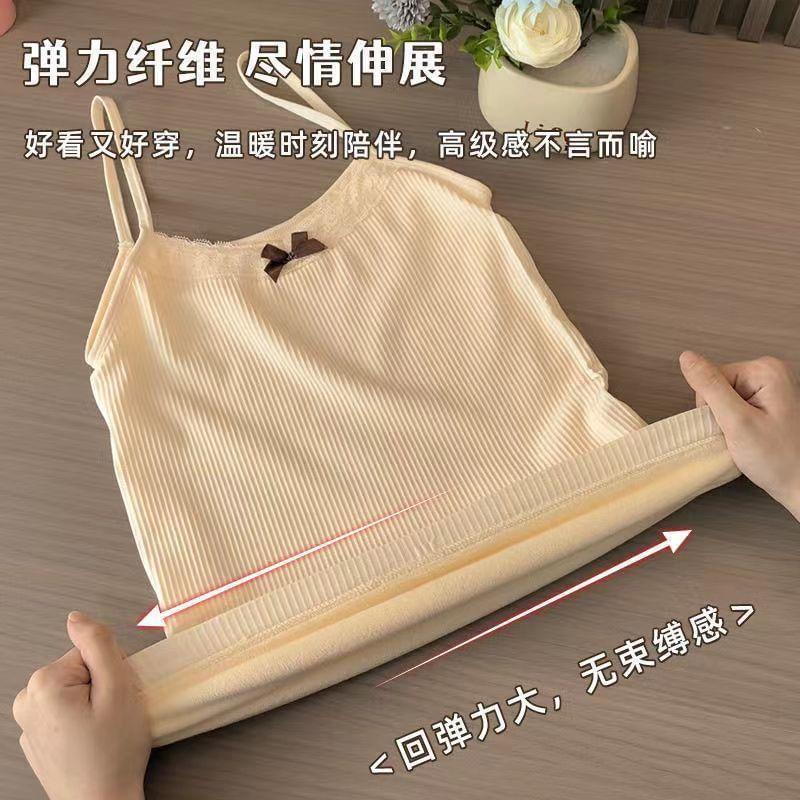 V-Neck Bow Accent Lace Trim Fleece-Lined Cami Top Product Image