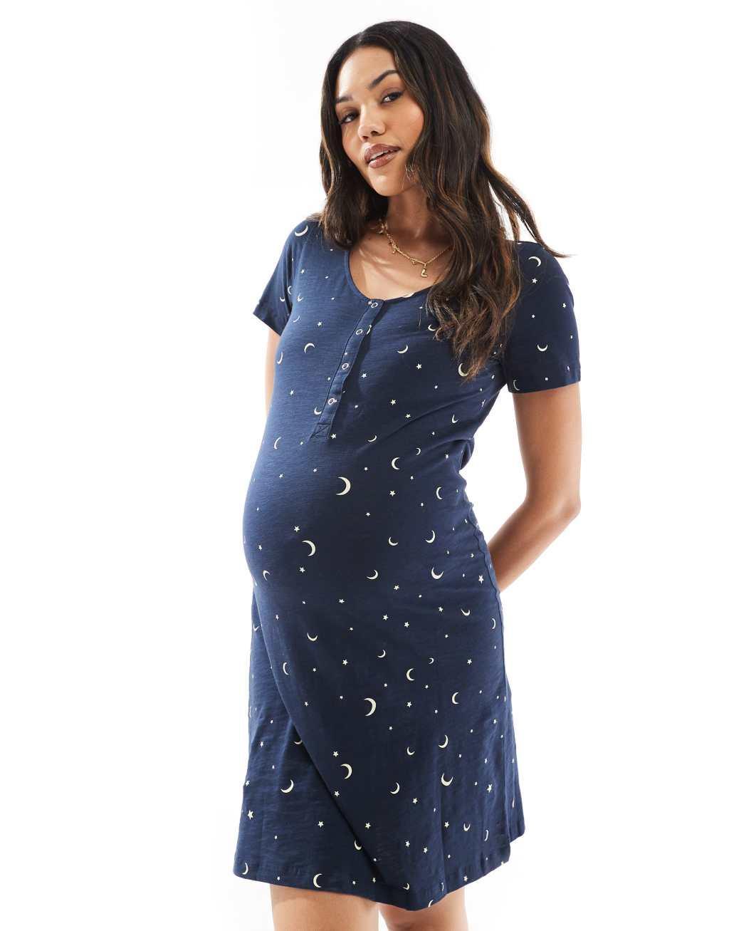 Mamalicious Maternity moon and star print nightgown with nursing function in navy Product Image