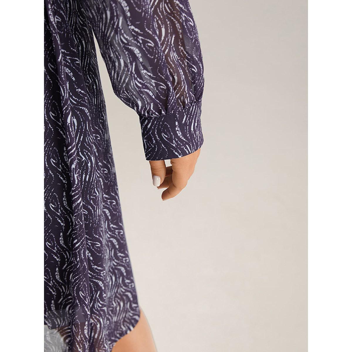 Plus Size Geometric Mesh Elastic Waist Belted Dress Indigo Women Office See through Round Neck Long Sleeve Curvy Midi Dress BloomChic 26/4X Product Image