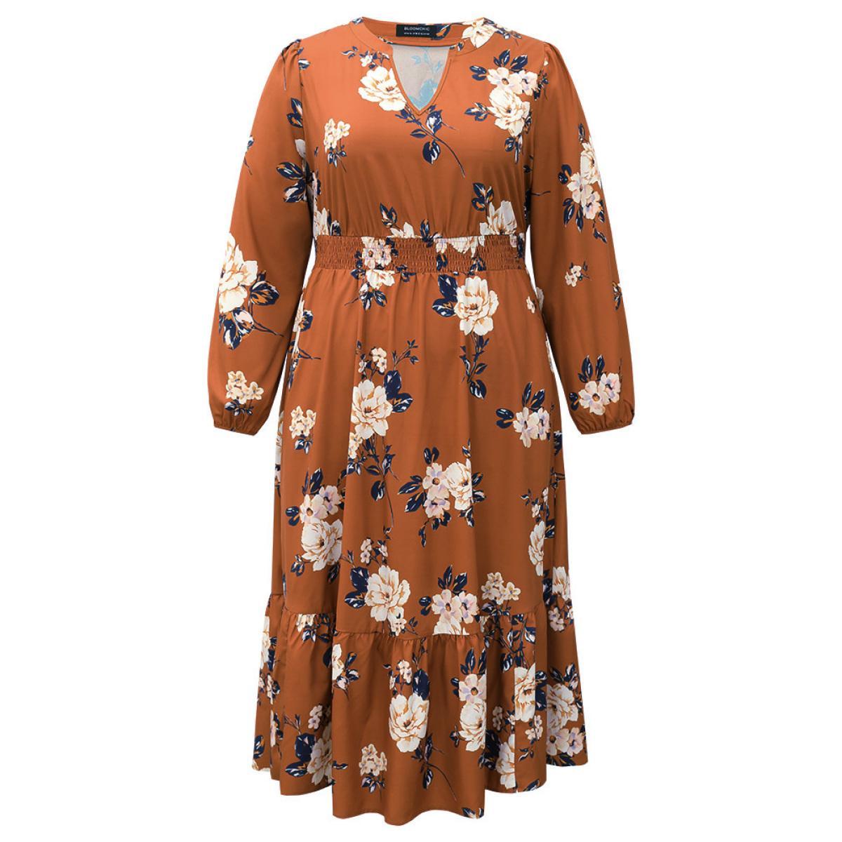 Plus Size Floral Print Notched Shirred Elastic Cuffs Dress Chocolate Women Elegant Elastic cuffs Notched collar Long Sleeve Curvy Midi Dress BloomChic 14-16/1X Product Image