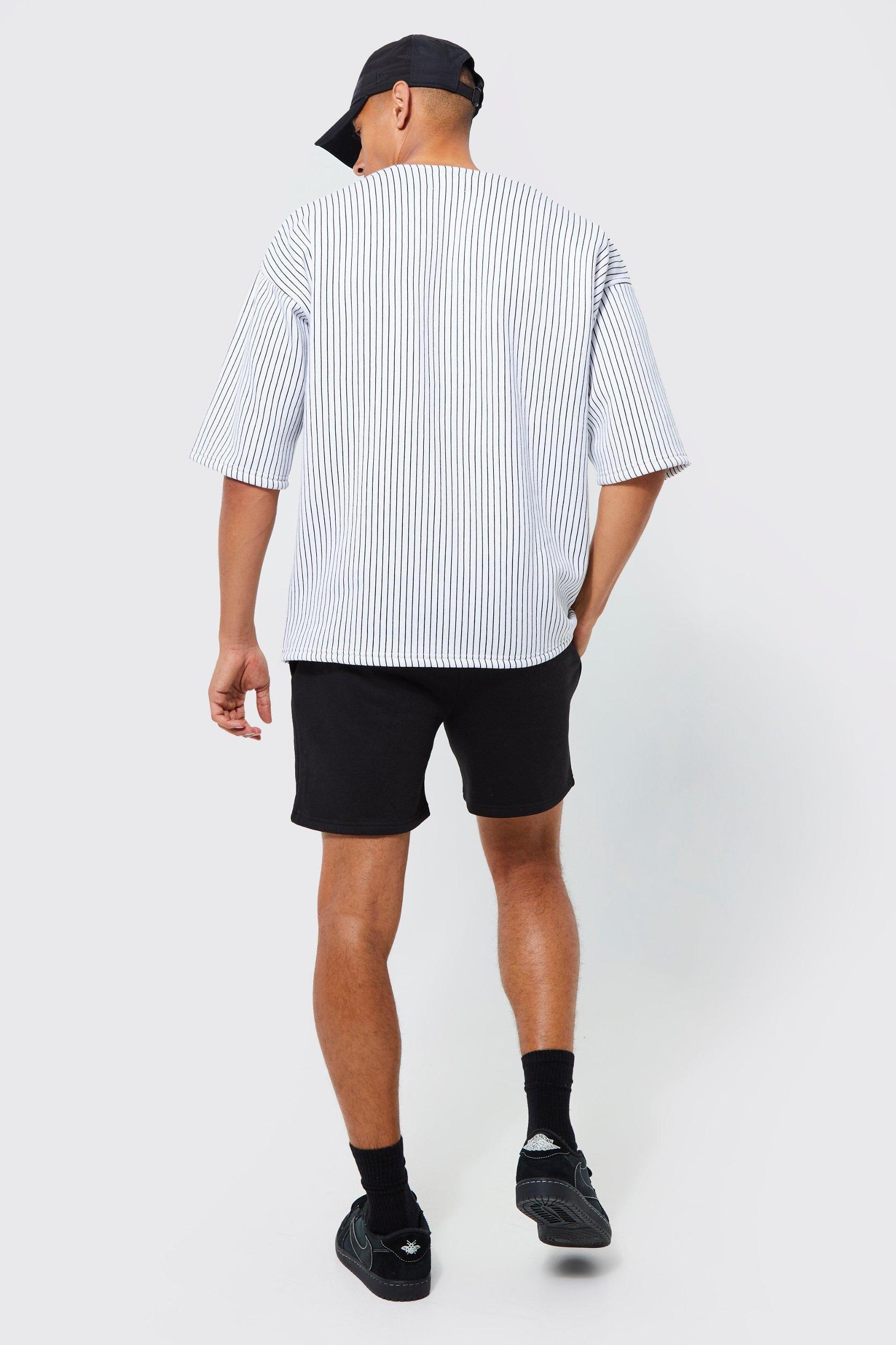 Oversized Homme Pinstripe Baseball Polo And Short Set | boohooMAN USA Product Image