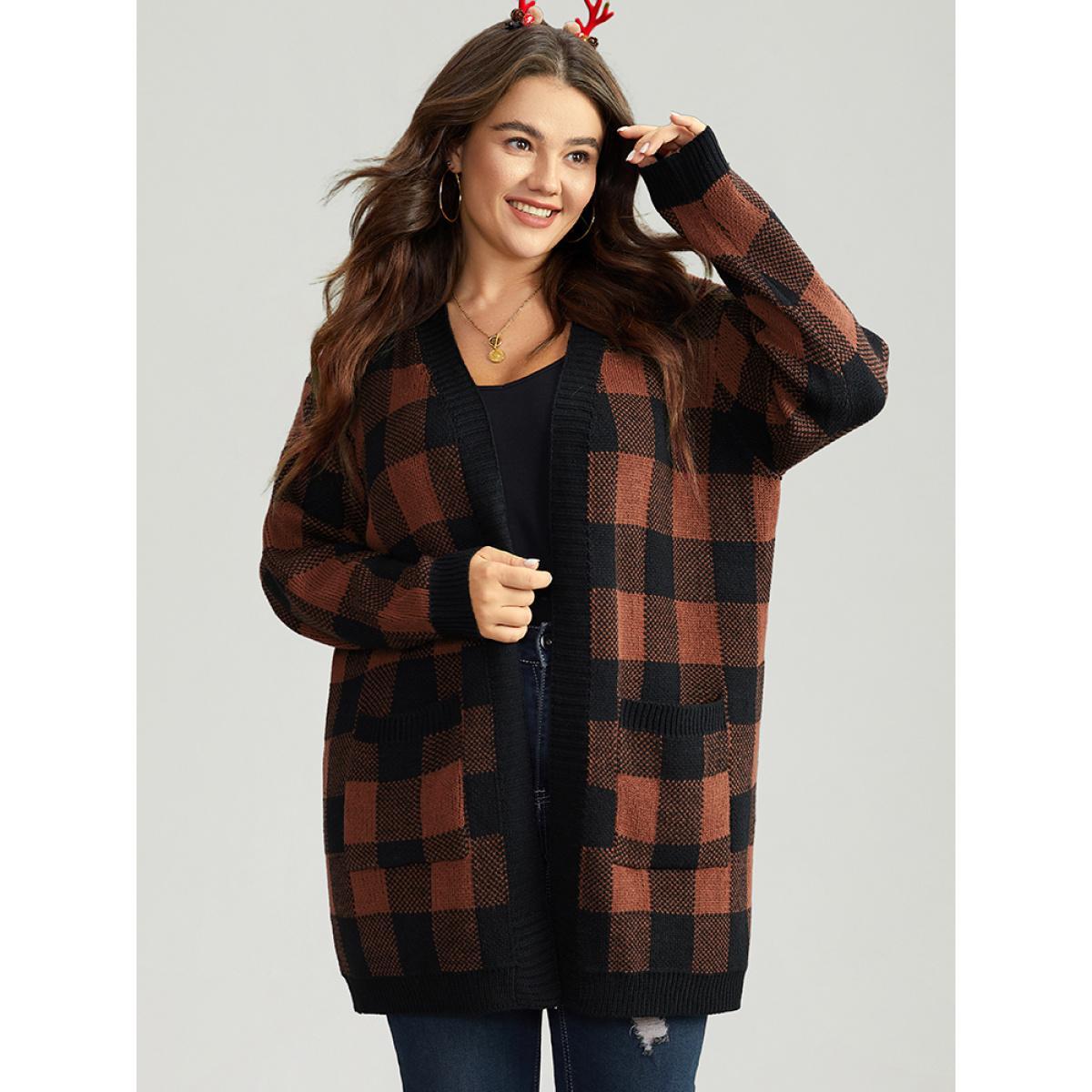Plus Size Plaid Patched Pocket Loose Cardigan Chocolate Women Casual Loose Long Sleeve Everyday Cardigans BloomChic 14-16/1X Product Image