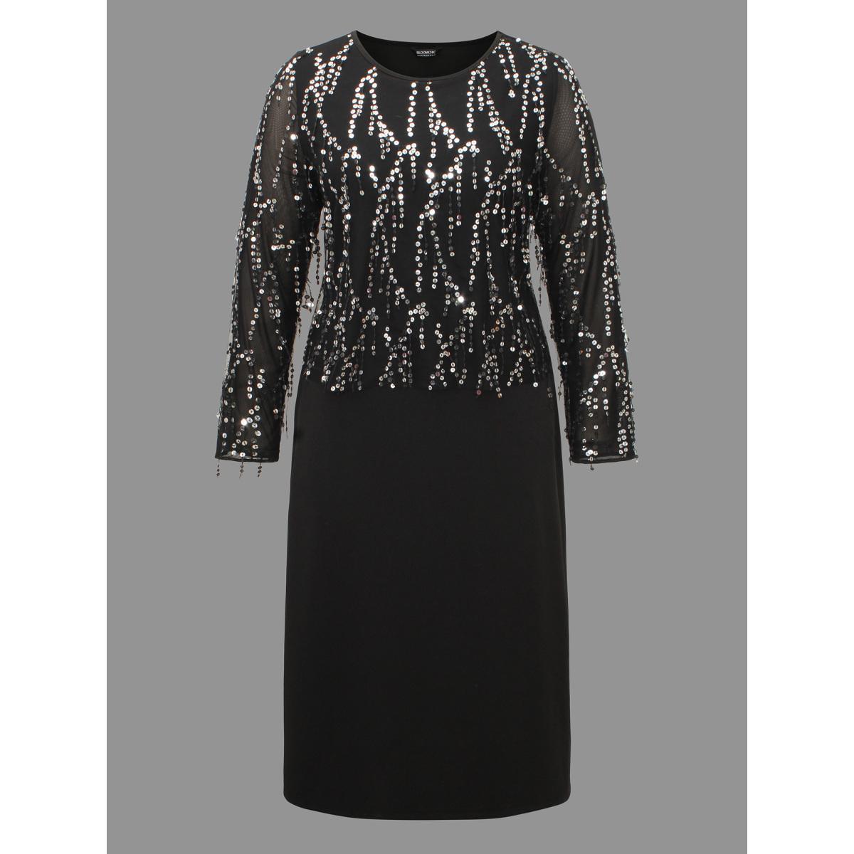 Plus Size Sequin Patchwork Mesh Split Hem Dress Black Women Cocktail Texture Round Neck Long Sleeve Curvy BloomChic 22-24/3X Product Image