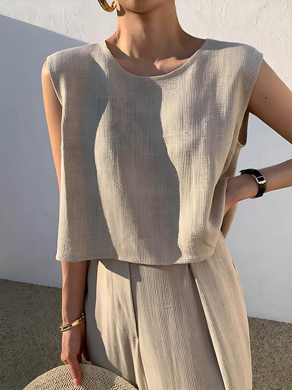 Loose Short Sleeves Hollow Solid Color Split-Joint Round-Neck Vest Top Product Image
