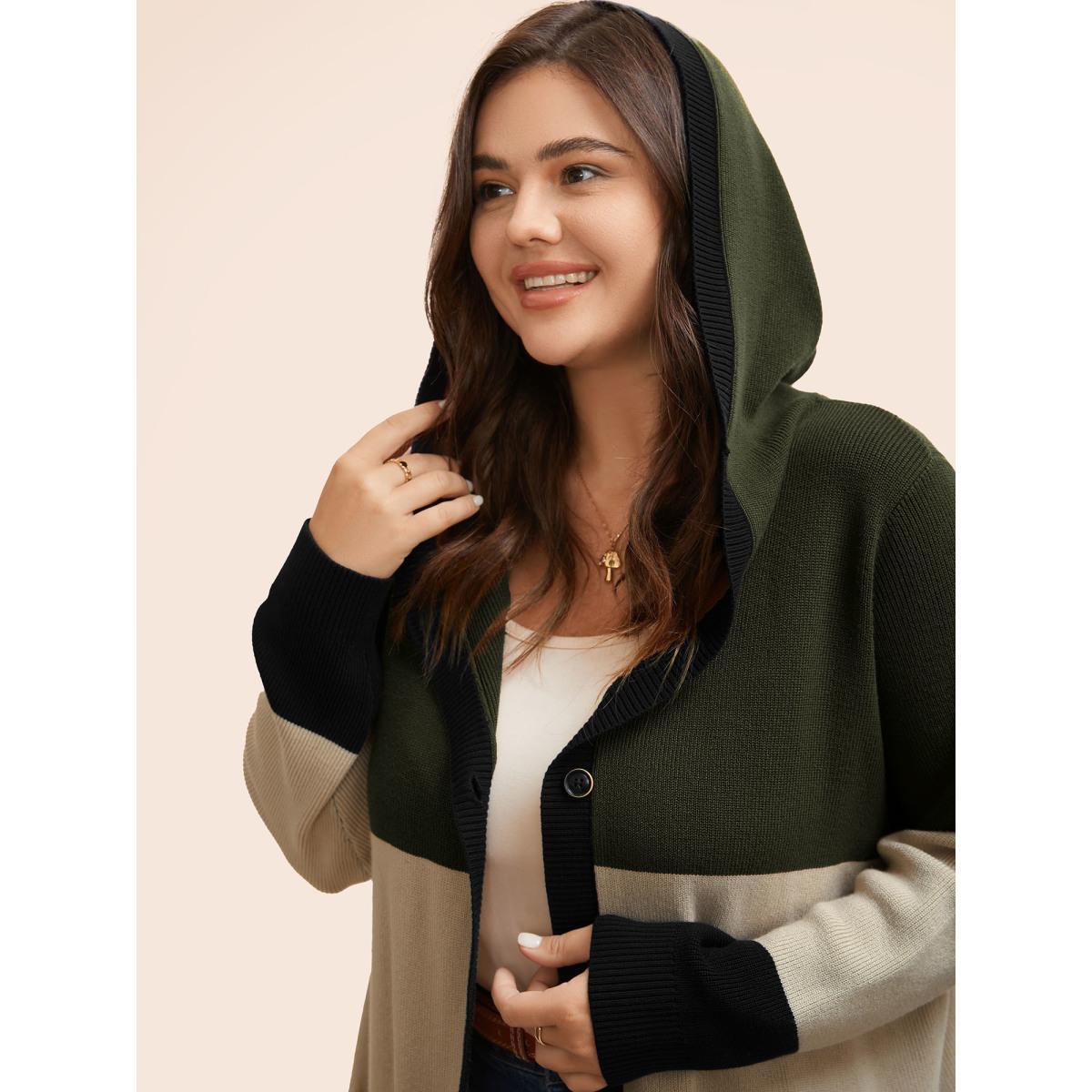 Plus Size Colorblock Contrast Patched Pocket Hooded Cardigan Browncoffeecolor Women Casual Loose Long Sleeve Everyday Cardigans BloomChic 26/4X Product Image