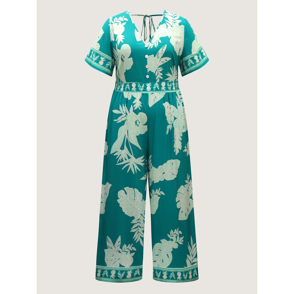 Plus Size LightGreen Rayon Tropical Leaf Button Detail Breezy Jumpsuit Women Short sleeve V-neck Vacation Loose Jumpsuits BloomChic 12/L Product Image