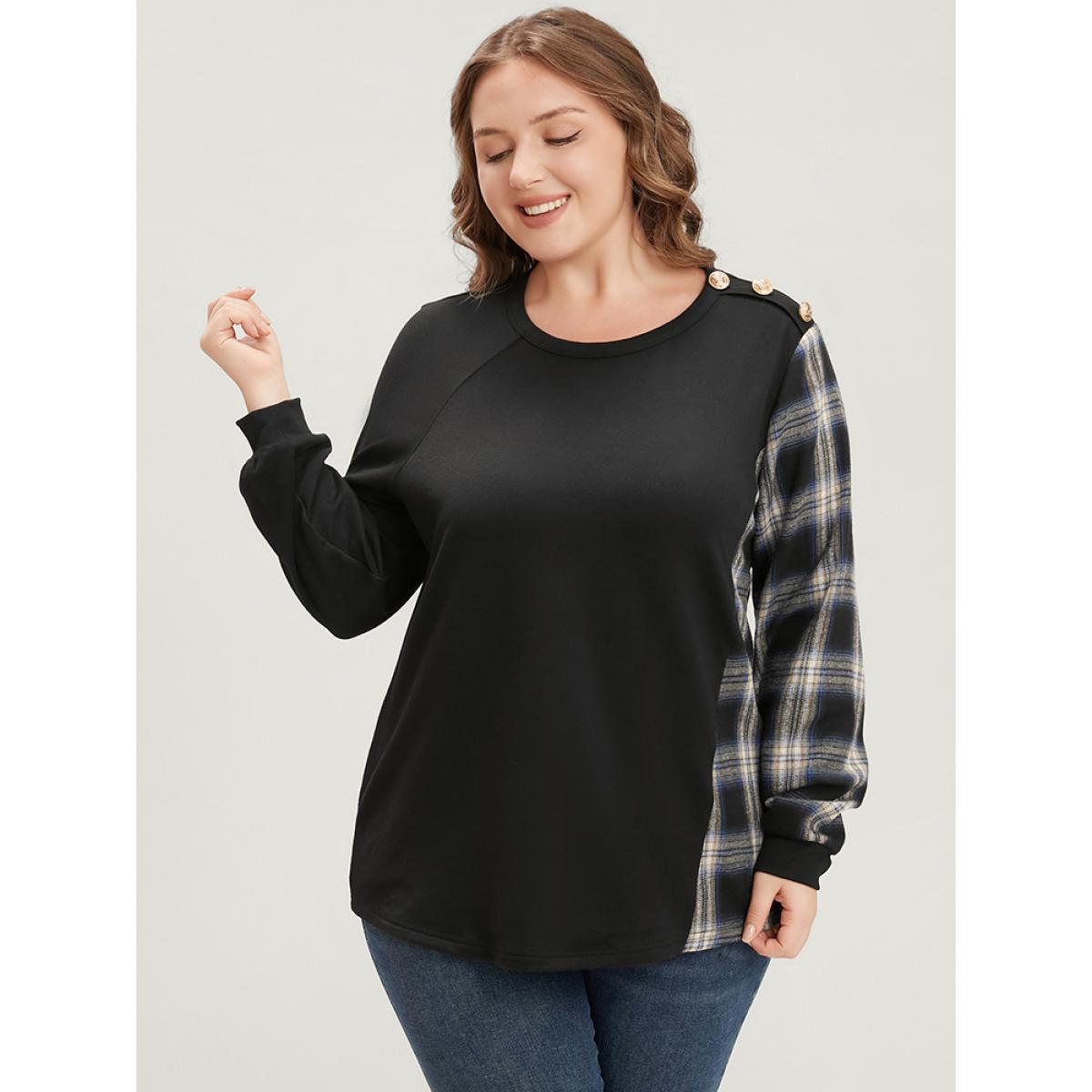 Plus Size Tartan Patchwork Button Detail Round Neck Sweatshirt Women Black Casual Contrast Round Neck Dailywear Sweatshirts BloomChic 22-24/3X Product Image