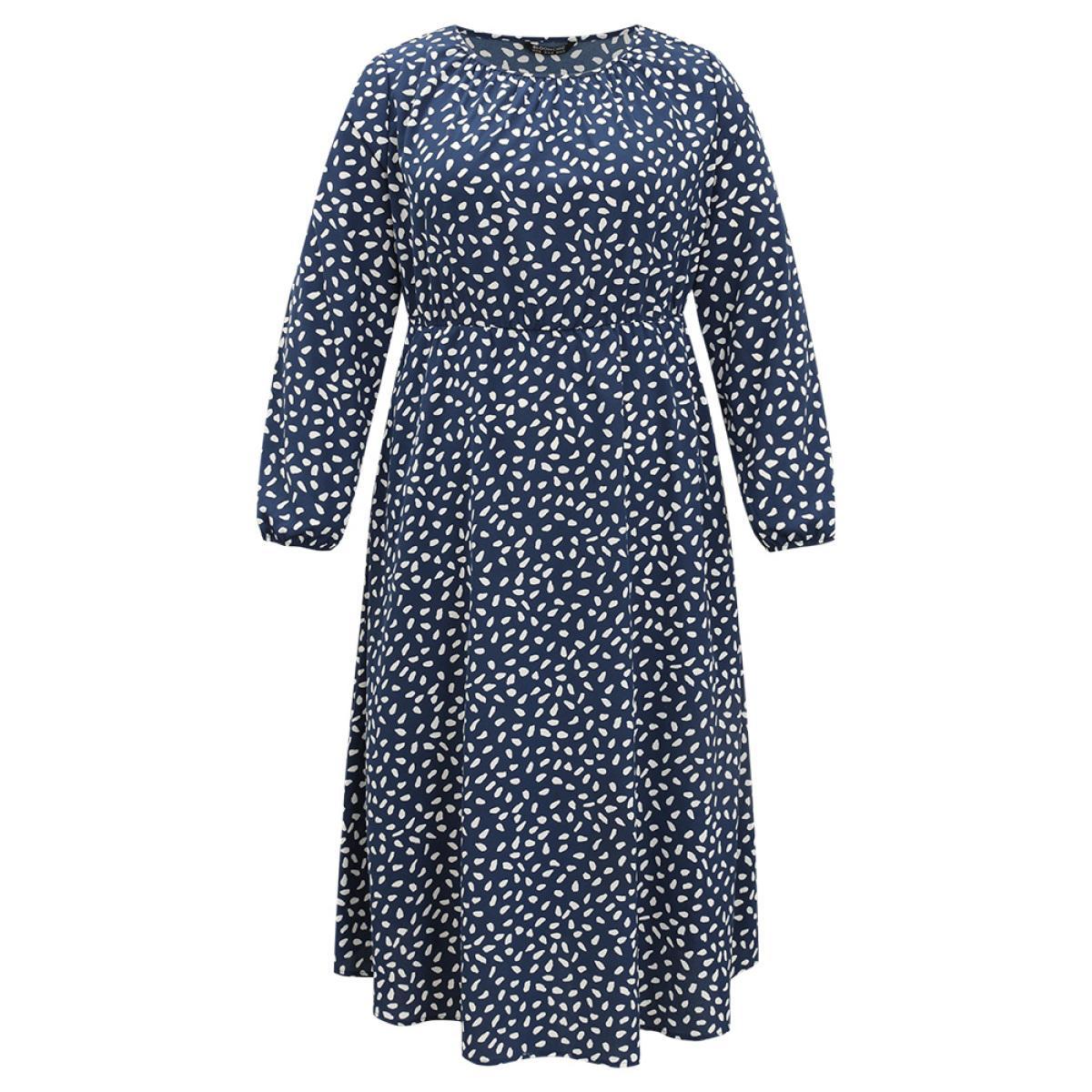 Plus Size Geometric Print Plicated Detail Pocket Dress DarkBlue Women Elegant Elastic cuffs Round Neck Long Sleeve Curvy Midi Dress BloomChic 22-24/3X Product Image