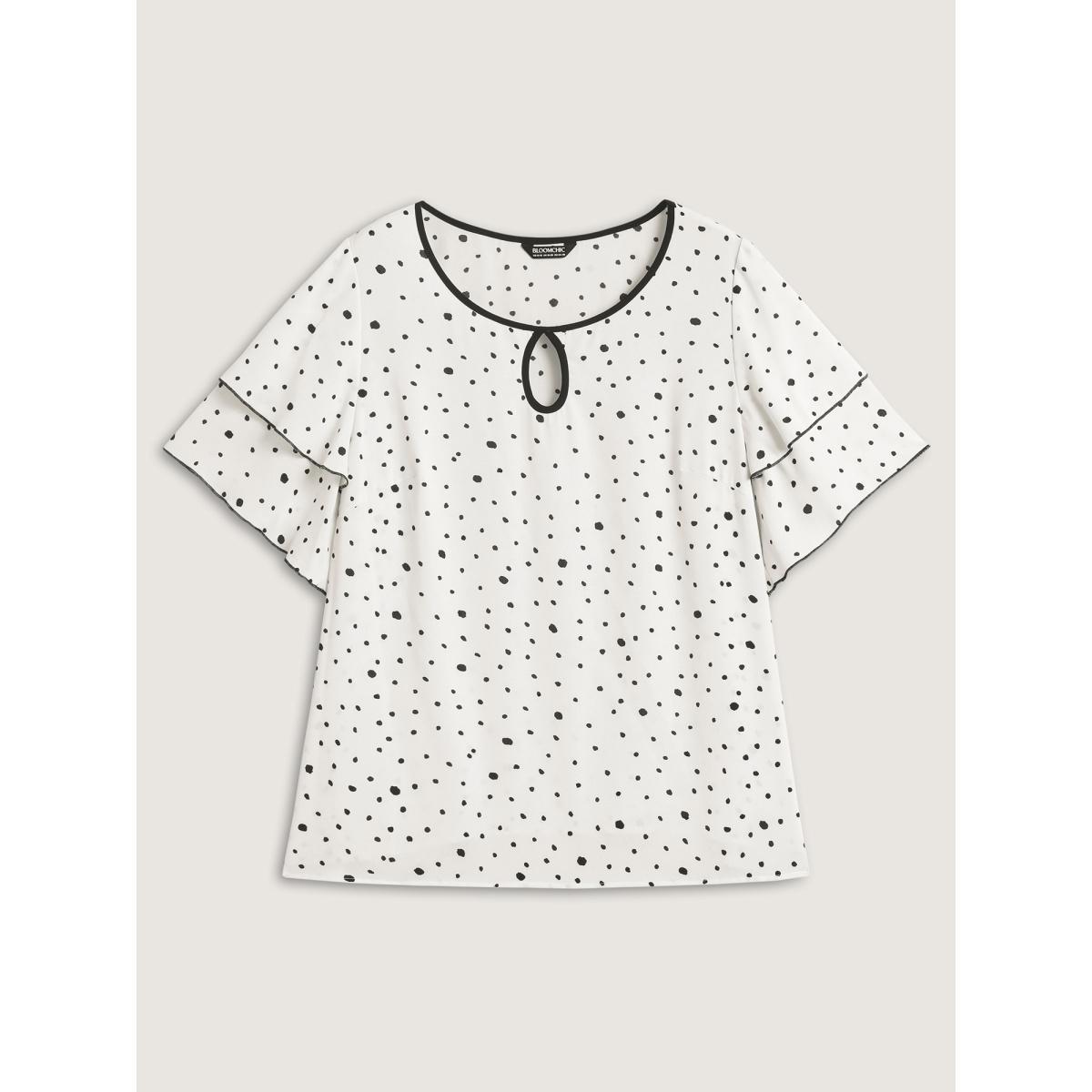 Plus Size Originalwhite Polka Dots Contrast Layered Sleeve Blouse Women Short sleeve Round Neck Work Blouses BloomChic 12/L Product Image
