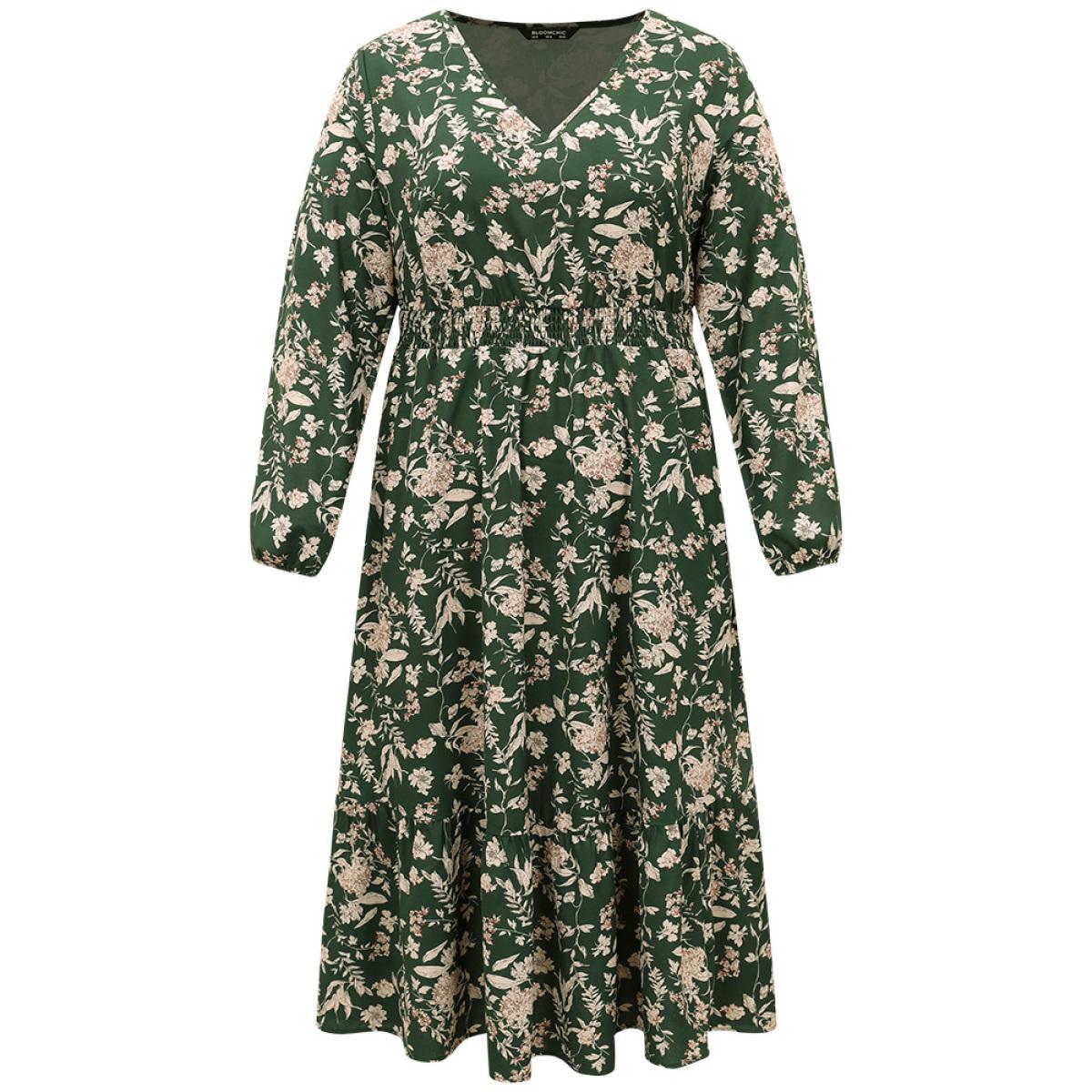 Plus Size Floral Shirred Pocket Lantern Sleeve Dress DarkGreen Women Elegant Elastic cuffs V-neck Long Sleeve Curvy Midi Dress BloomChic 18-20/2X Product Image