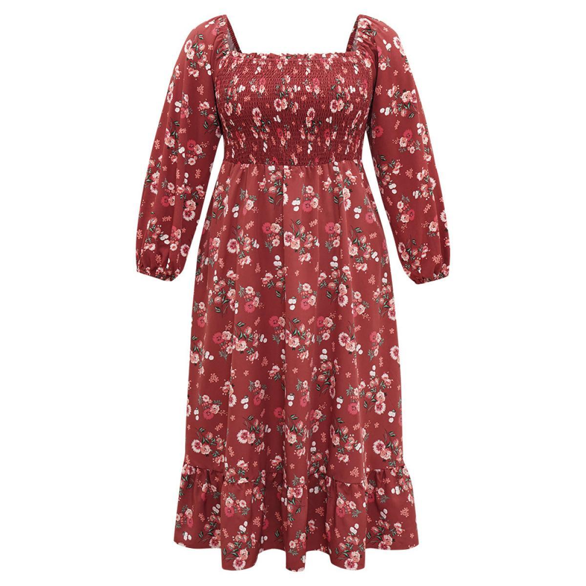 Plus Size Floral Print Shirred Elastic Cuffs Dress Russet Women Elegant Elastic cuffs Square Neck Long Sleeve Curvy Midi Dress BloomChic 14-16/1X Product Image