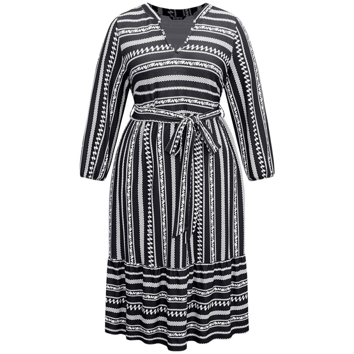 Plus Size Striped Notched Belted Lantern Sleeve Dress Black Women Casual Elastic cuffs Notched collar Long Sleeve Curvy Midi Dress BloomChic 14-16/1X Product Image