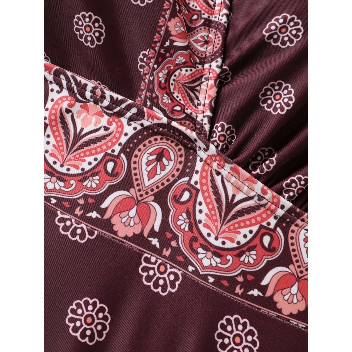 Plus Size Boho Print Surplice Neck Swim Top Women's Swimwear Plum Beach Patchwork High stretch Bodycon Overlap Collar Curve Swim Tops BloomChic 22-24/3X Product Image