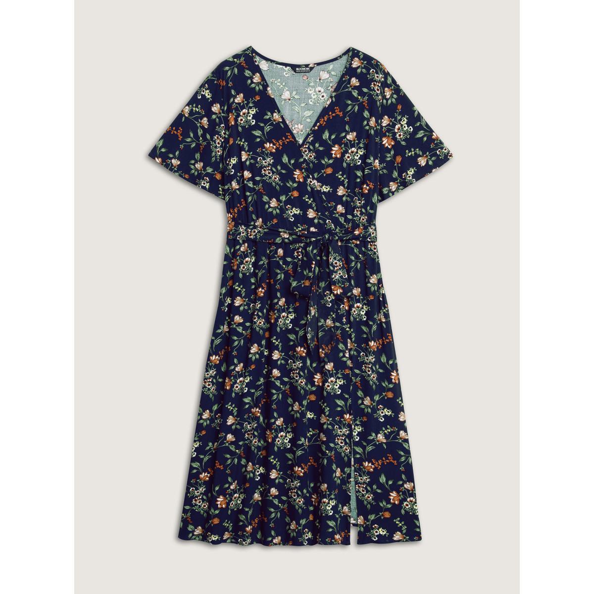 Plus Size Rayon Floral Side-Tie Stretchy Midi Dress Indigo Women Overlap Collar Short sleeve Curvy BloomChic 14-16/1X Product Image