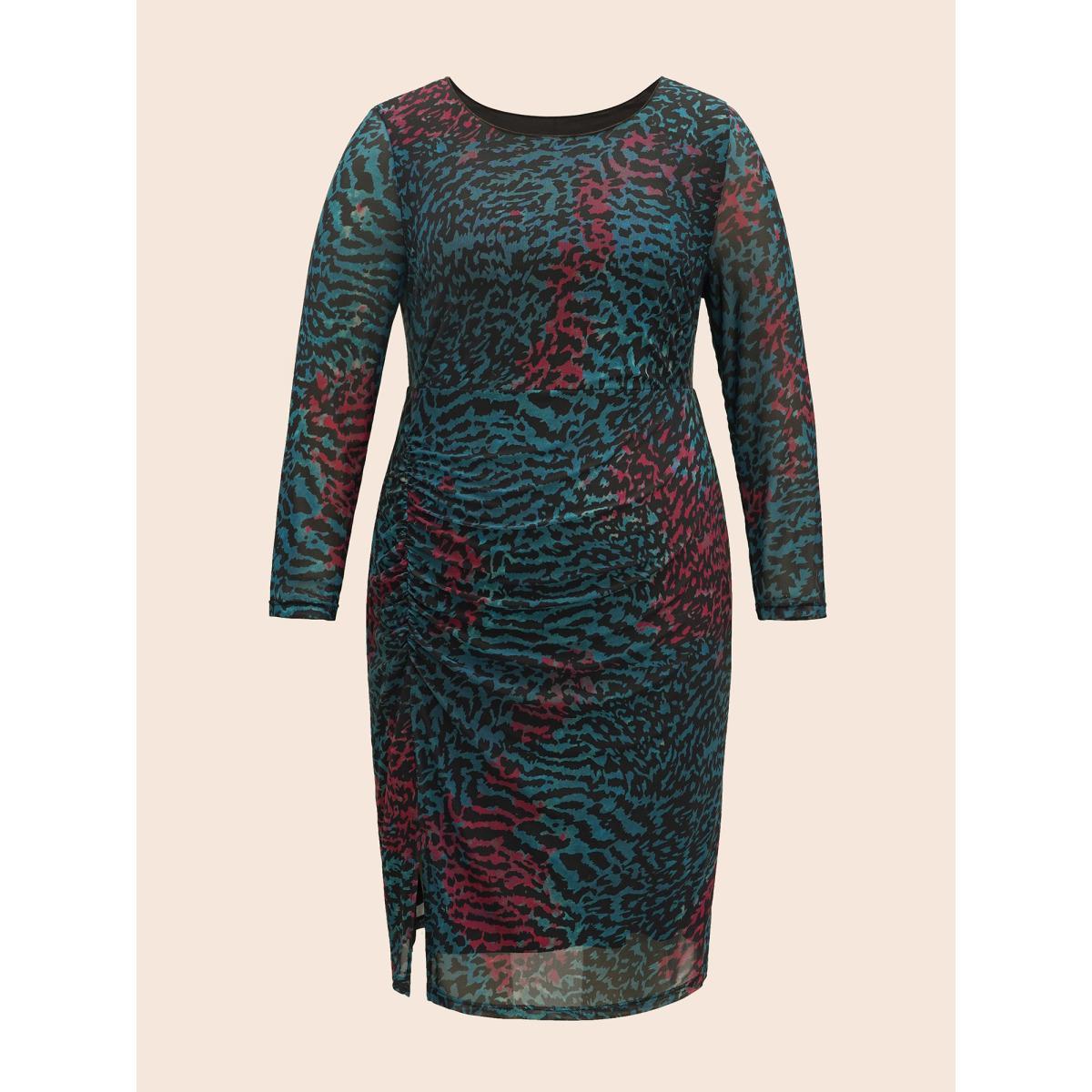 Plus Size Leopard Print Ruched Split Hem Dress Aegean Women Elegant Gathered Round Neck Long Sleeve Curvy BloomChic 22-24/3X Product Image