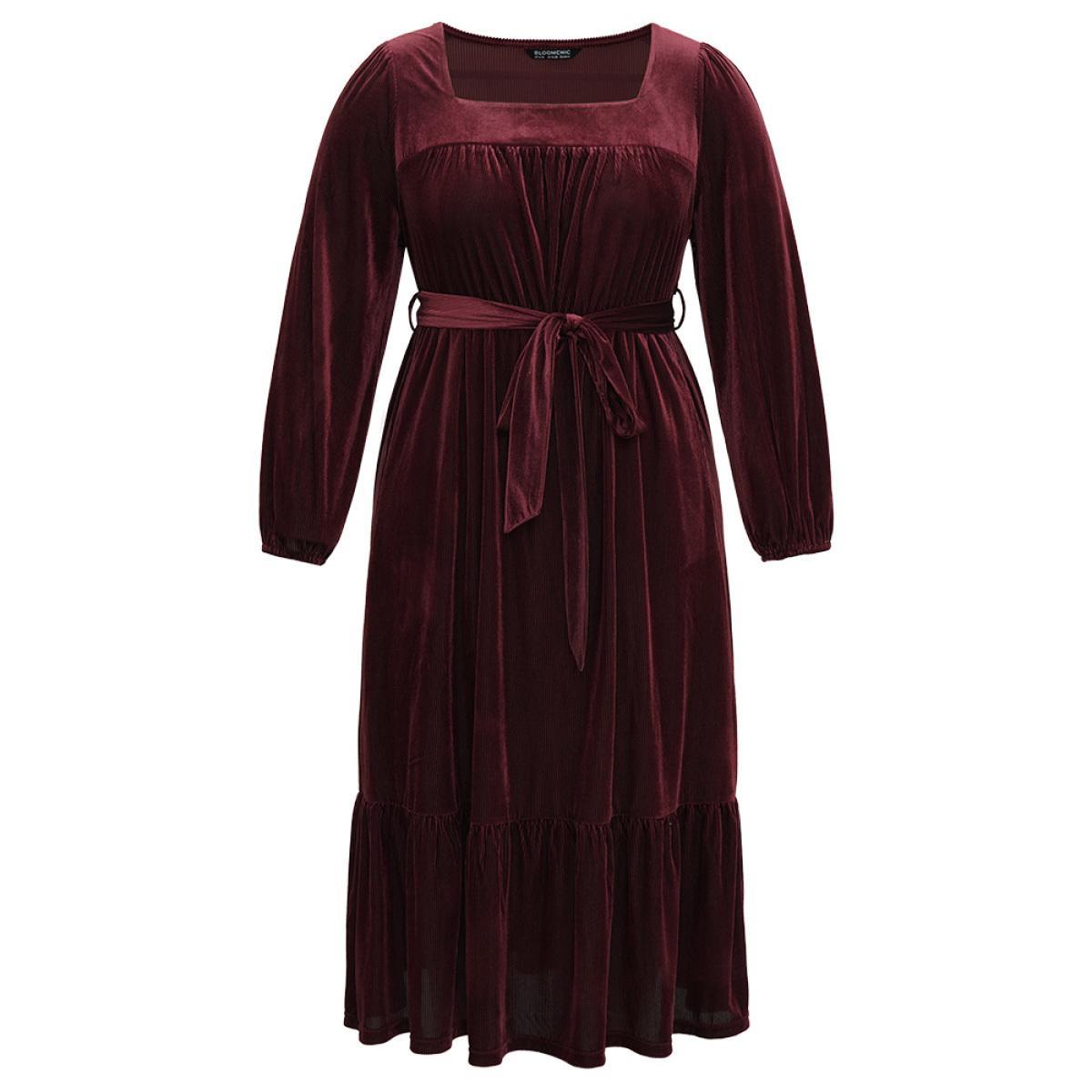 Plus Size Velvet Belted Square Neck Gathered Dress Russet Women Glamour Velvet Square Neck Long Sleeve Curvy Midi Dress BloomChic 12/L Product Image