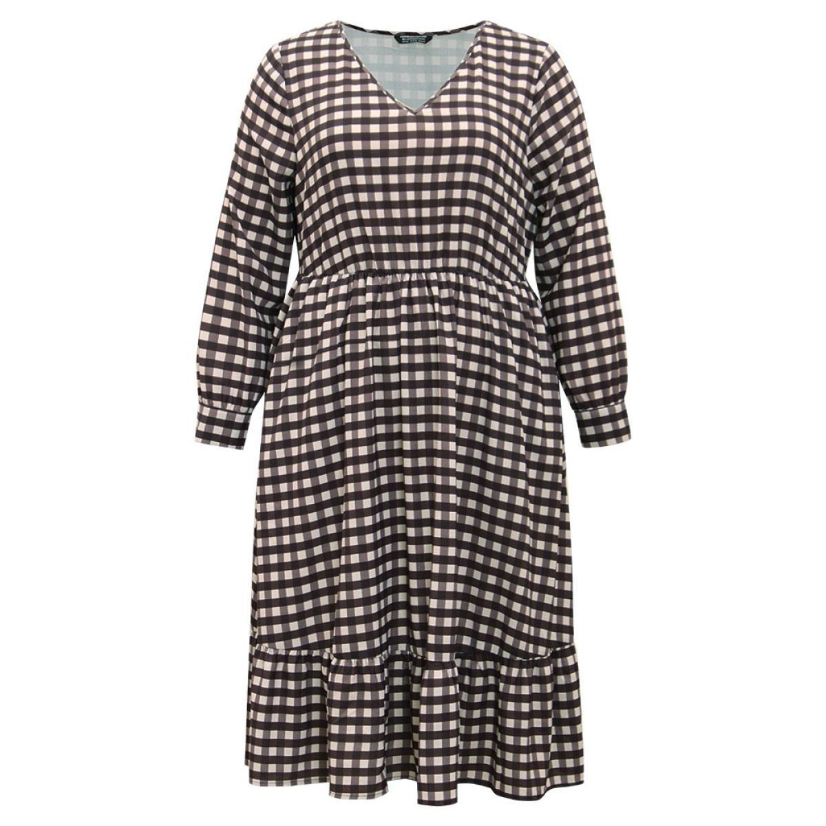 Plus Size Gingham Pocket Elastic Waist Ruffle Hem Dress DarkBrown Women Casual Printed V-neck Long Sleeve Curvy Midi Dress BloomChic 10/M Product Image