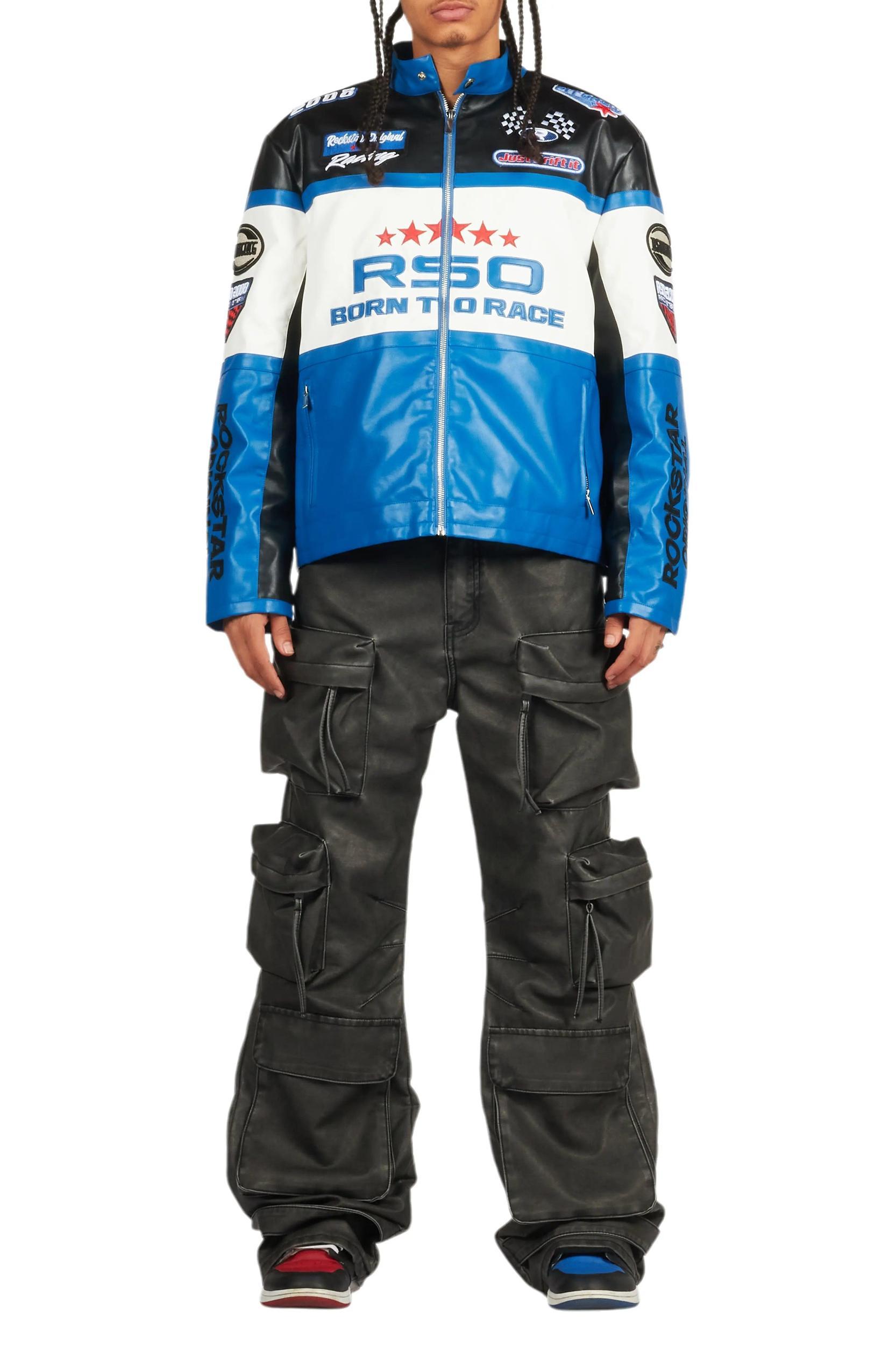 Balint Black/Blue Leather Moto Jacket Male Product Image