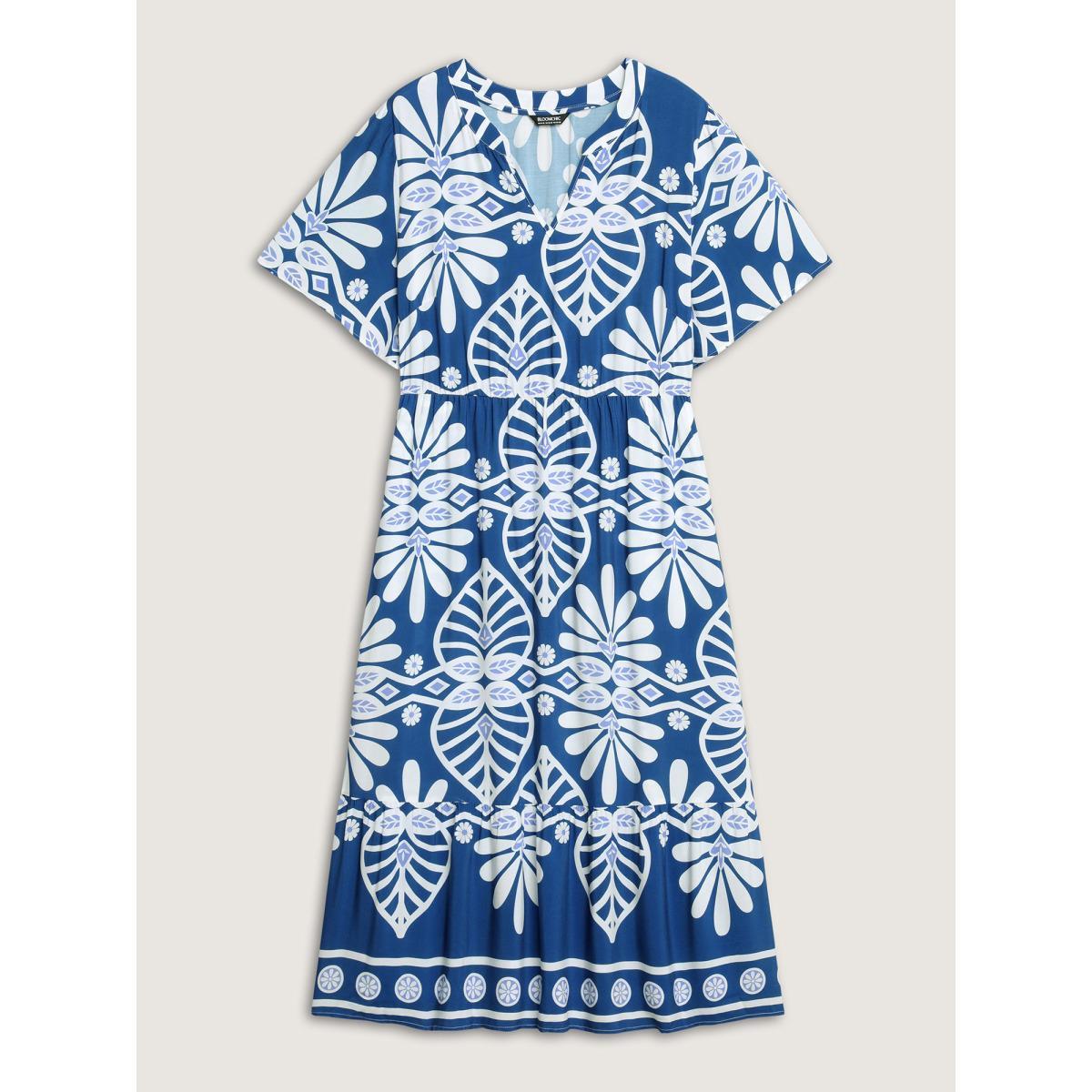 Plus Size Rayon Ornate Print Cinched-Waist Midi Dress Indigo Women V-neck Short sleeve Curvy BloomChic 14-16/1X Product Image
