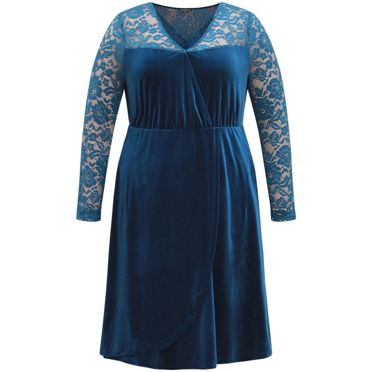 Plus Size Velvet Guipure Lace Wrap Dress Aegean Women Glamour Wrap Overlap Collar Long Sleeve Curvy Knee Dress BloomChic 26/4X Product Image