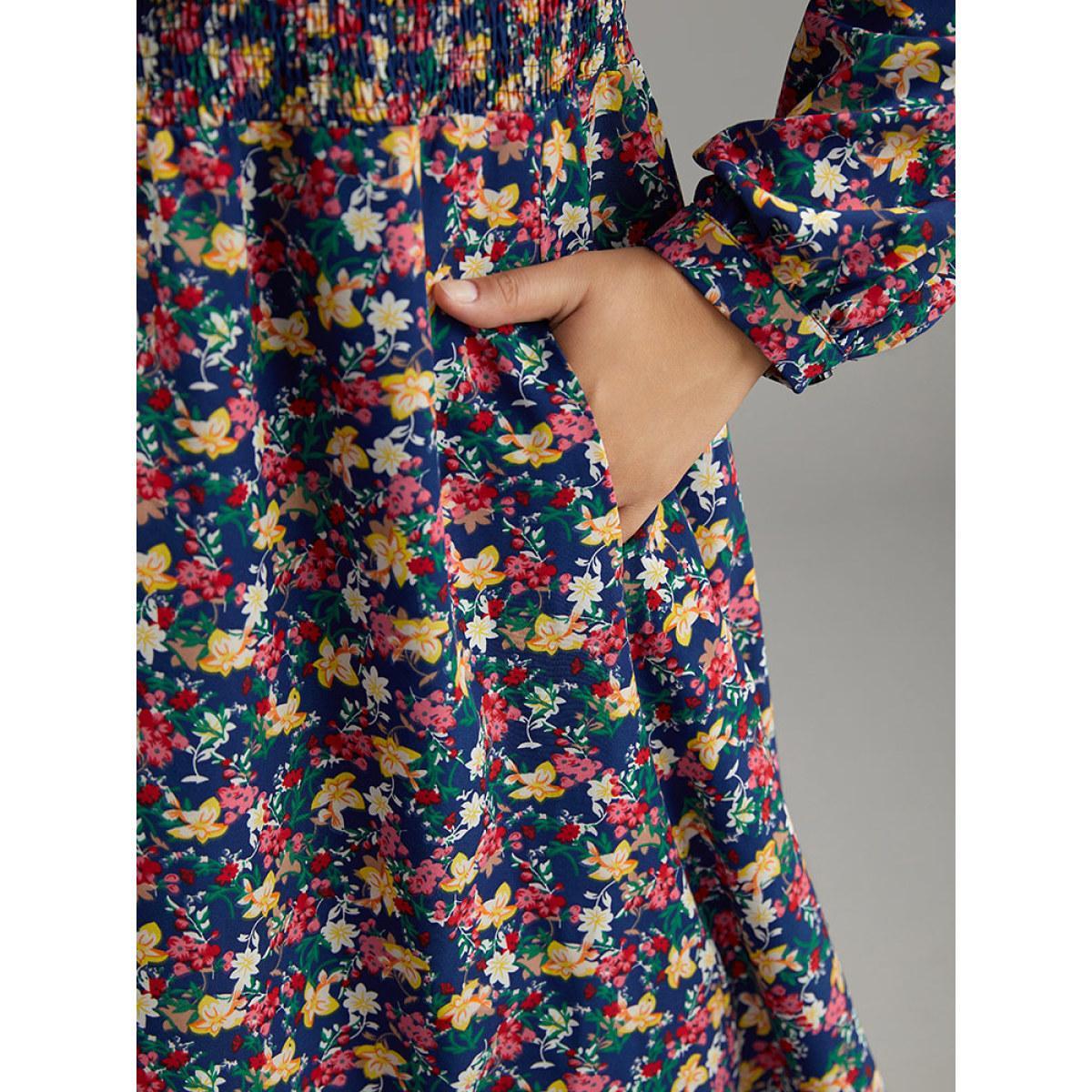 Plus Size Ditsy Floral Shirred Knee Dress DarkBlue Women Elegant Printed V-neck Long Sleeve Curvy Knee Dress BloomChic 10/M Product Image