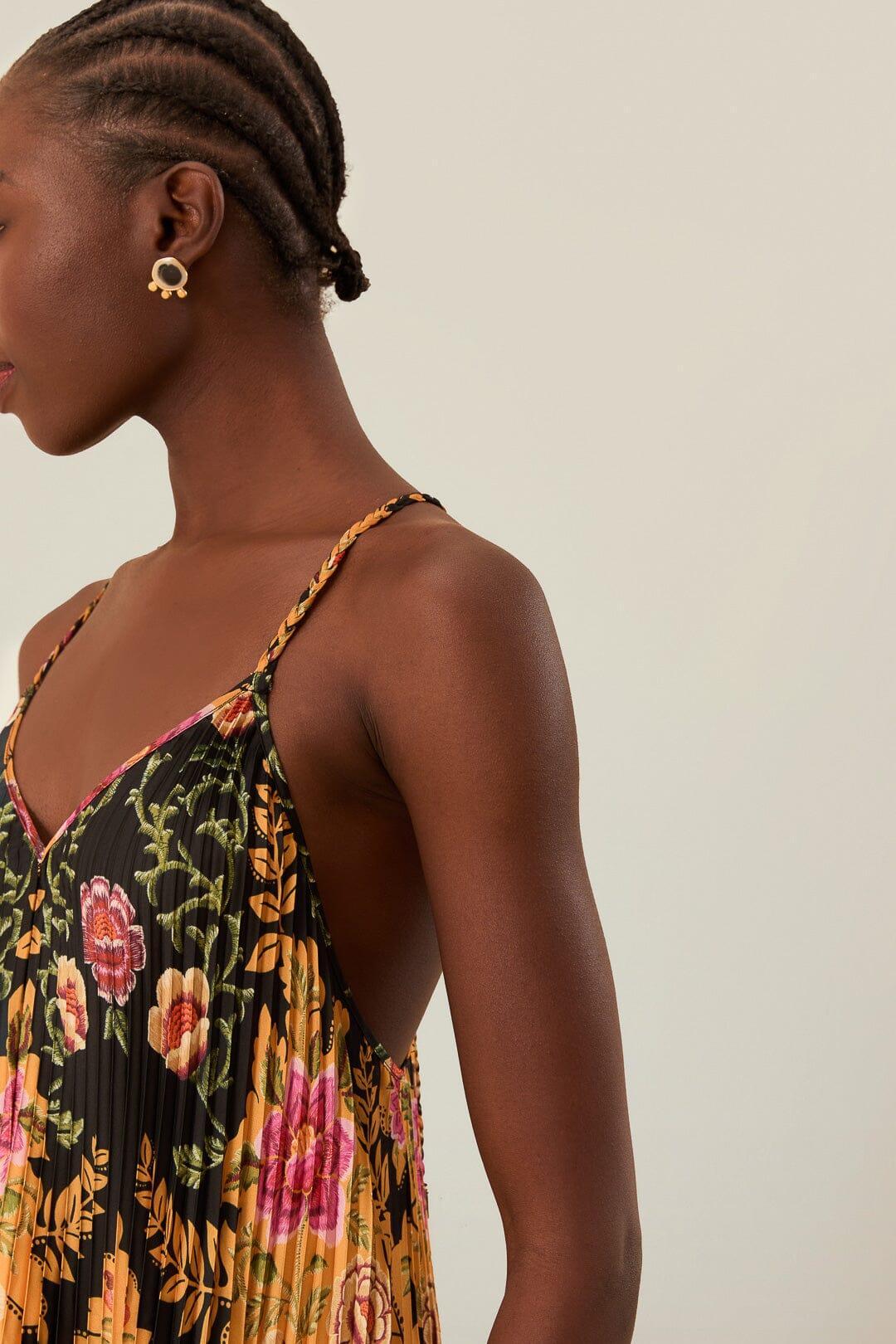 Black Arabesque Floral Pleated Midi Dress, ARABESQUE FLORAL BLACK / S Product Image