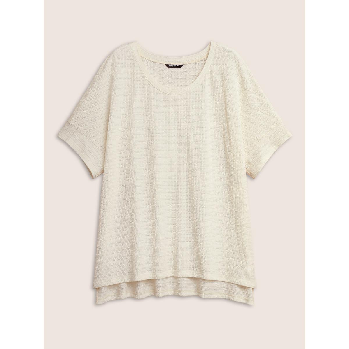 Plus Size Solid Textured Crew Neck Batwing Sleeve T-shirt Beige Women Casual Texture Plain Round Neck Everyday T-shirts BloomChic 22-24/3X Product Image