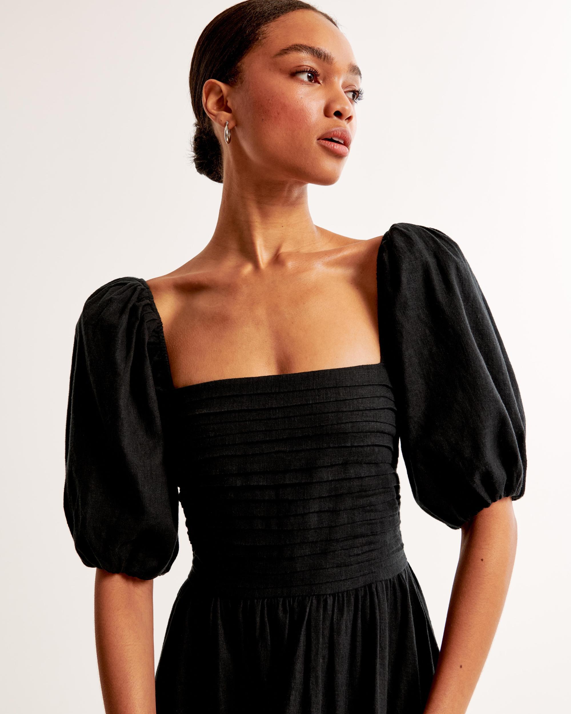 The A&F Emerson Linen-Blend Puff Sleeve Midi Dress Product Image
