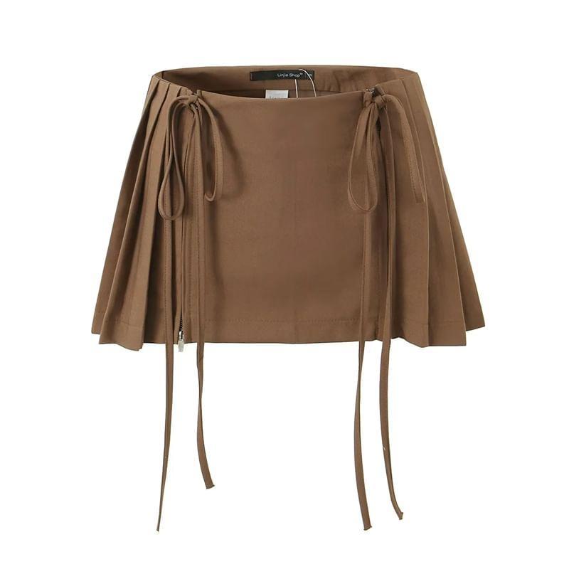 Low Waist Plain Pleated Drawstring Mini A-Line Skirt Product Image
