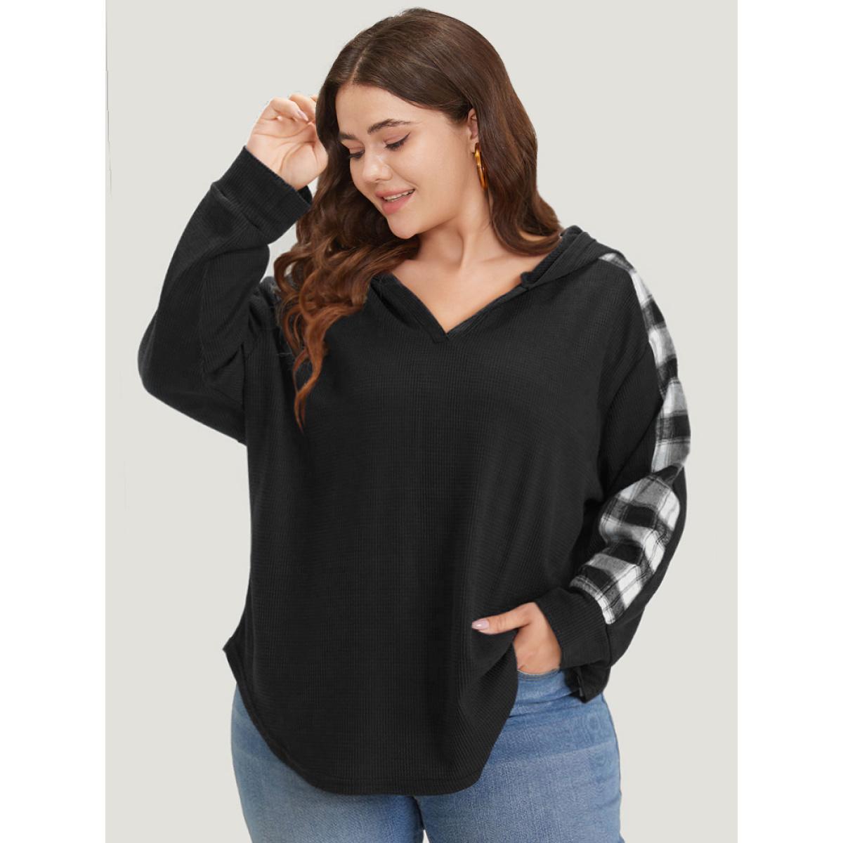 Plus Size Plaid Patchwork Hooded Plisse Sweatshirt Women Black Casual Elastic cuffs Hooded Everyday Sweatshirts BloomChic 18-20/2X Product Image