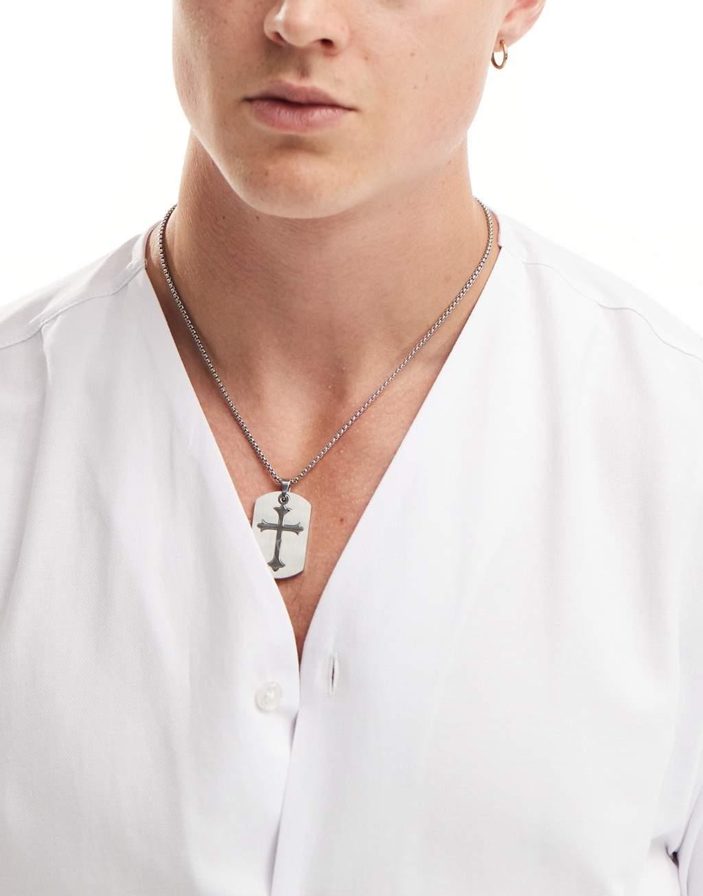 ASOS DESIGN waterproof stainless steel necklace with brushed metal cross tag pendant in silver tone Product Image
