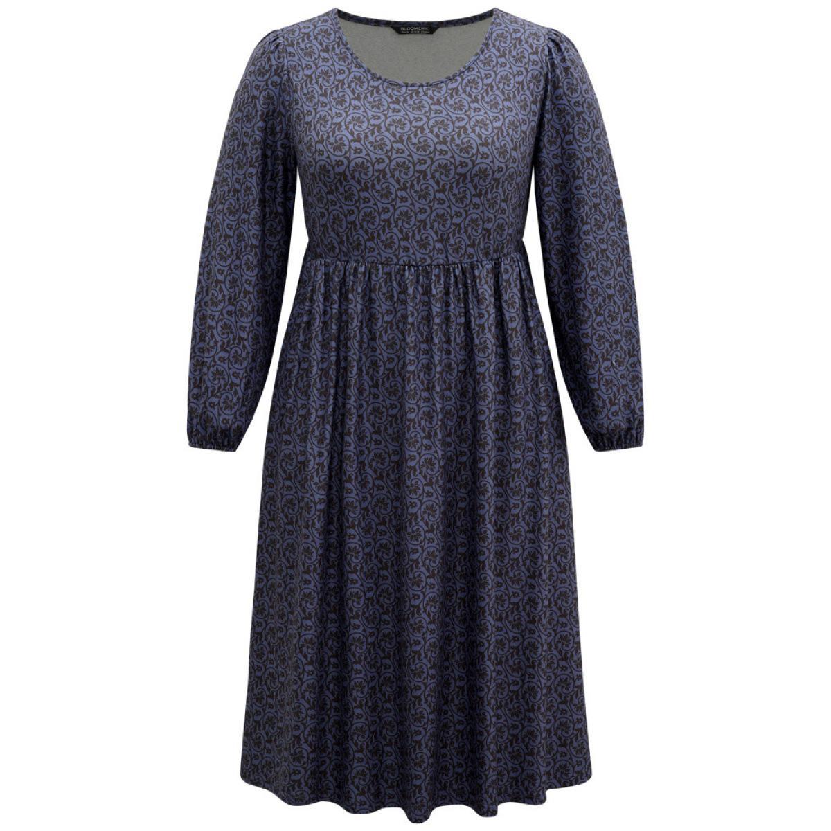 Plus Size Geometric Elastic Waist Pocket Gathered Dress DarkBlue Women Office Elastic cuffs Round Neck Long Sleeve Curvy Midi Dress BloomChic 26/4X Product Image